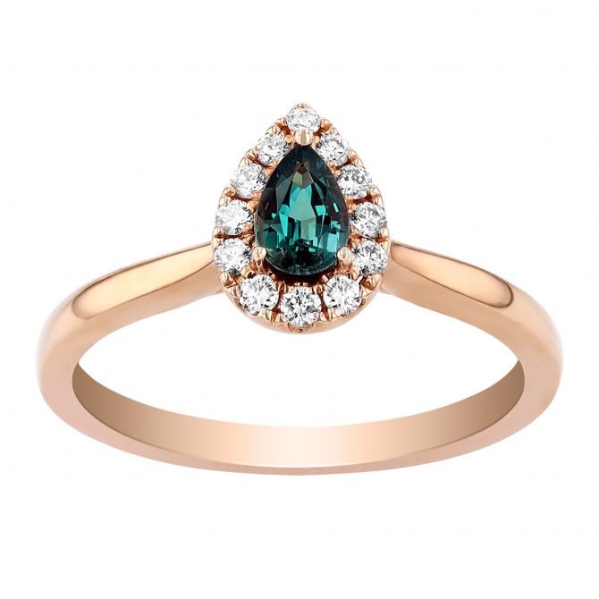Pear Shaped Alexandrite & Diamond Halo Ring in Rose Gold