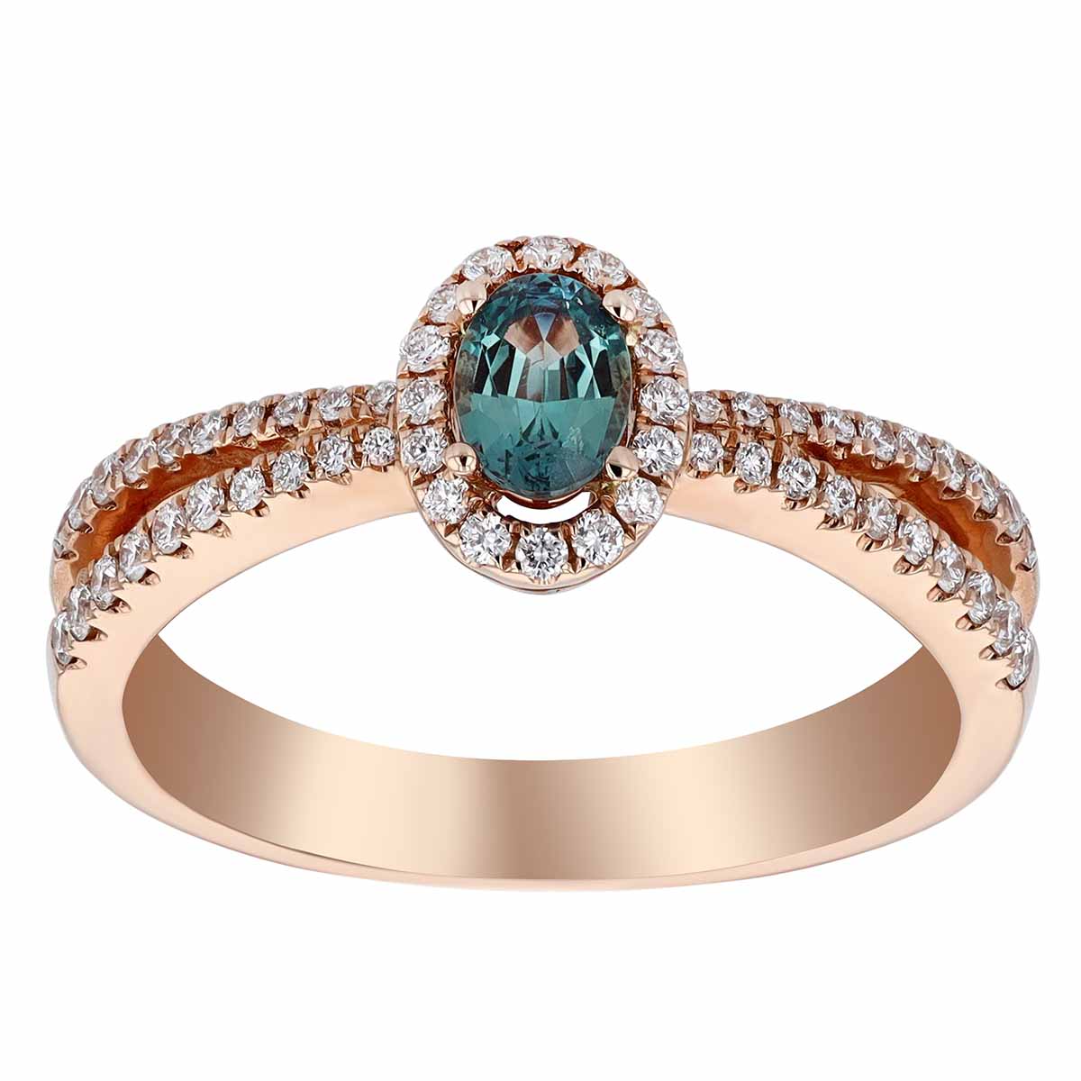 Oval Alexandrite & Diamond Halo Split Shank Ring in Rose Gold