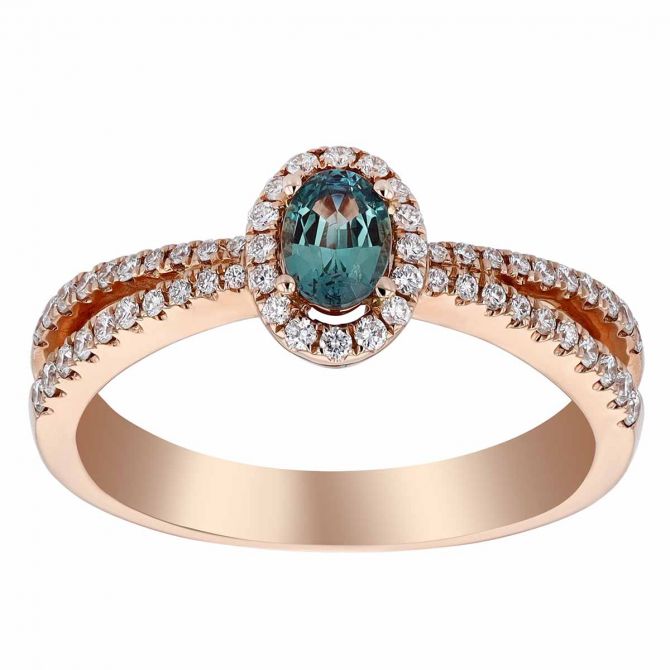 Oval Alexandrite & Diamond Halo Split Shank Ring in Rose Gold