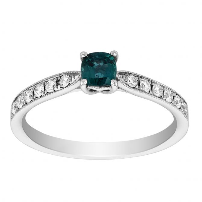 Cushion Alexandrite & Diamond Side Stone Ring in White Gold