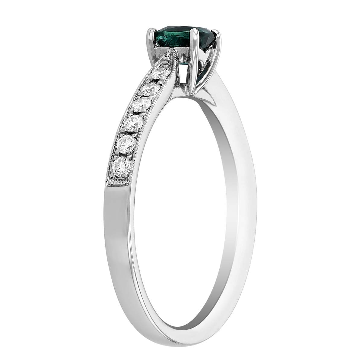 Cushion Alexandrite & Diamond Side Stone Ring in White Gold