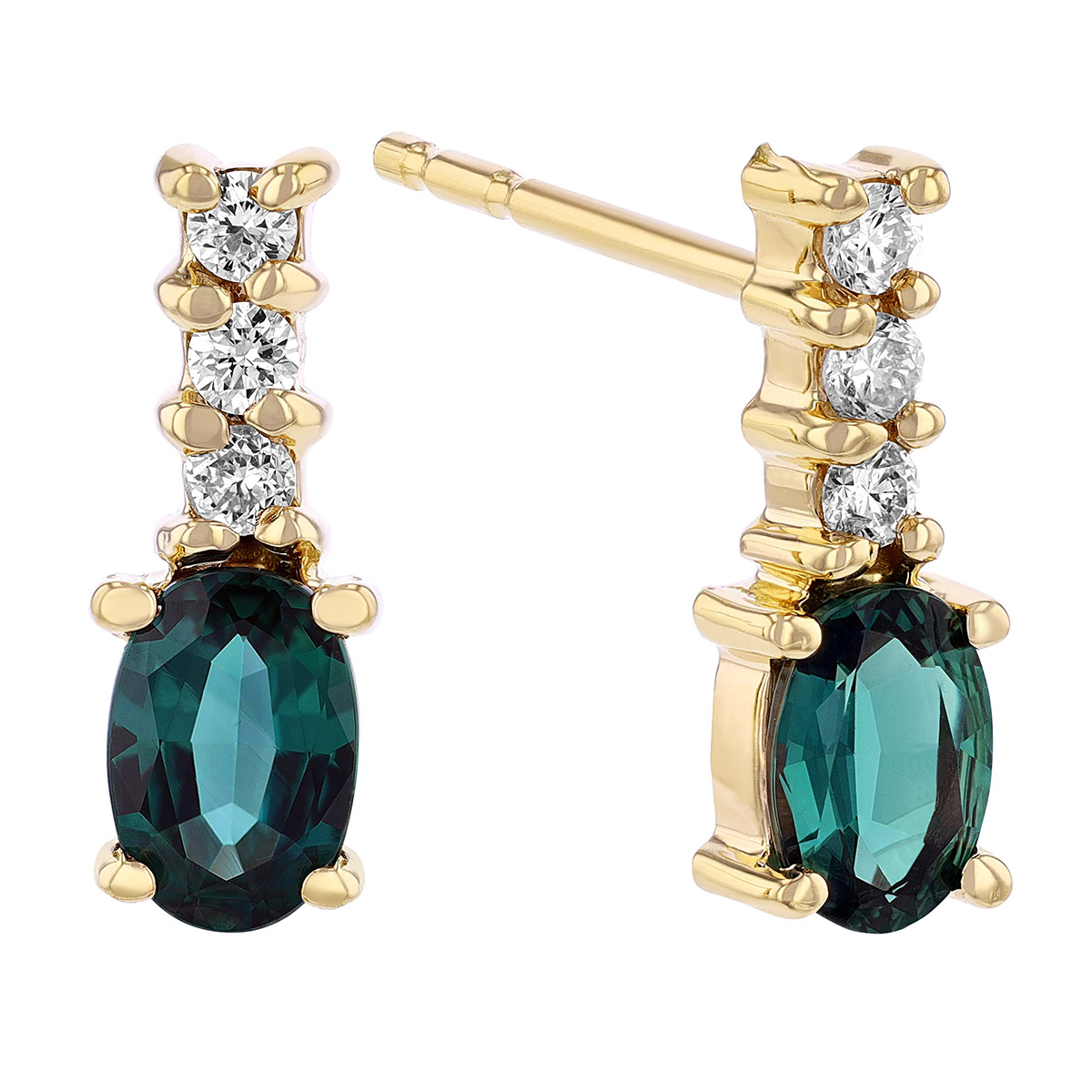 Oval Alexandrite & Diamond Dainty Bar Post Earrings in Yellow Gold