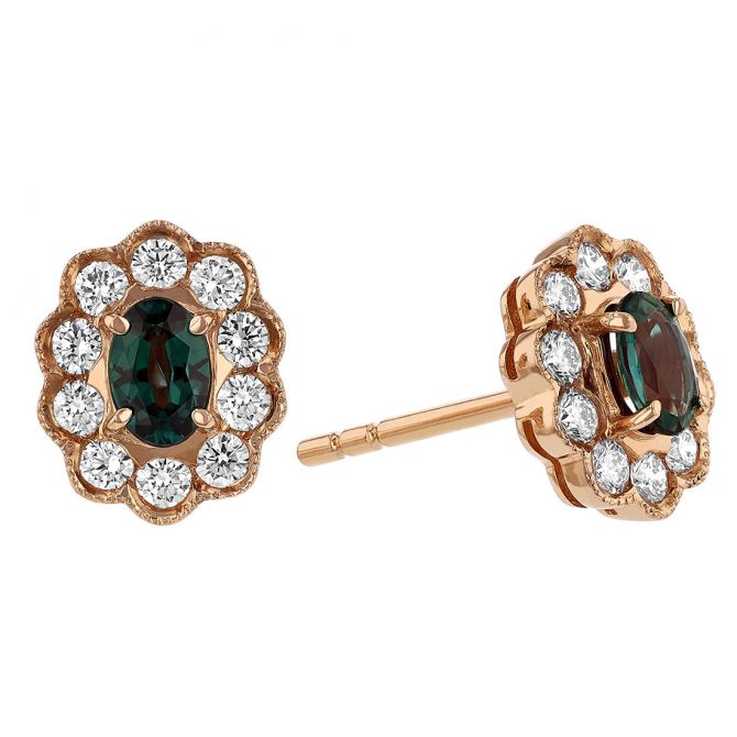 Oval Alexandrite & Diamond Scalloped Milgrain Halo Stud Earrings in Rose Gold