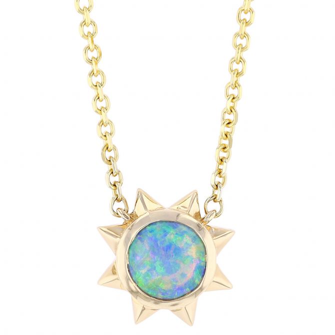 Light Opal Spike Halo Sunshine Necklace in Yellow Gold, 18"