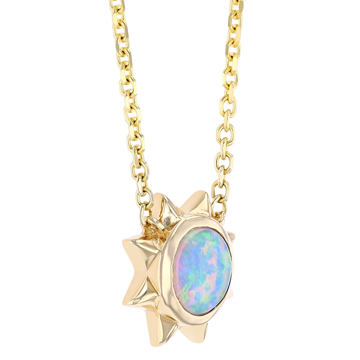 Light Opal Spike Halo Sunshine Necklace in Yellow Gold, 18