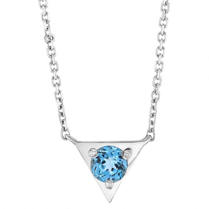 Blue Topaz & White Gold Triangle Dainty Necklace, 18"