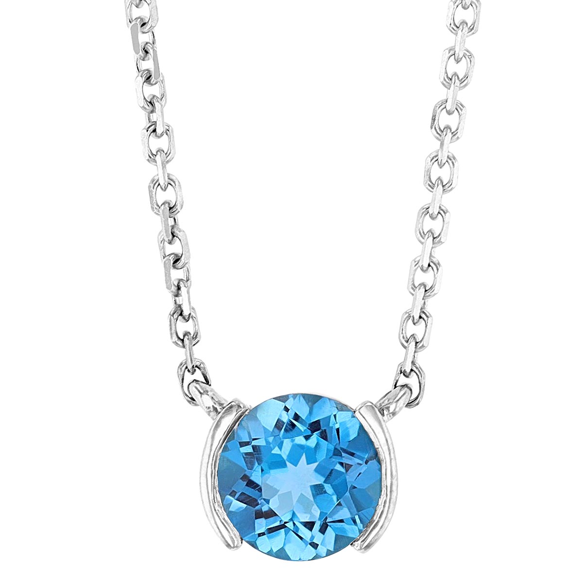 Round Blue Topaz & White Gold Demi Bezel Necklace in White Gold, 18