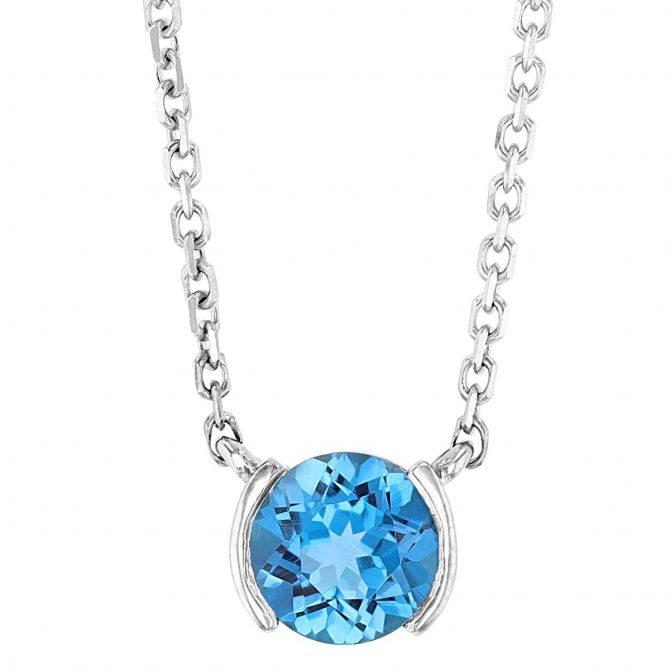 Round Blue Topaz & White Gold Demi Bezel Necklace in White Gold, 18"