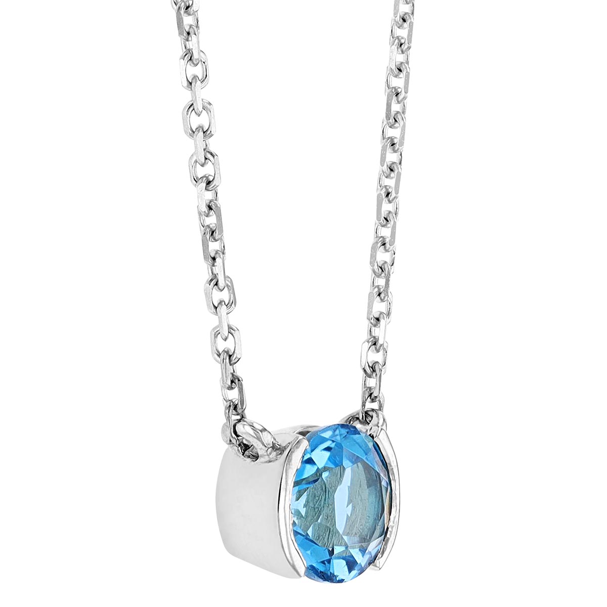 Round Blue Topaz & White Gold Demi Bezel Necklace in White Gold, 18