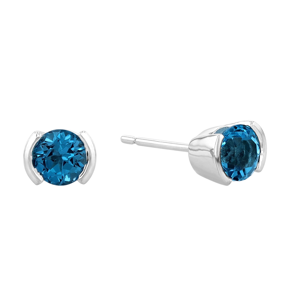 Round Blue Topaz & White Gold Demi Bezel Small Stud Earrings