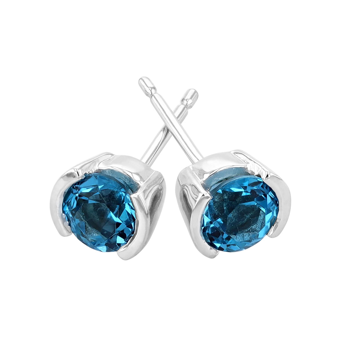 Round Blue Topaz & White Gold Demi Bezel Small Stud Earrings