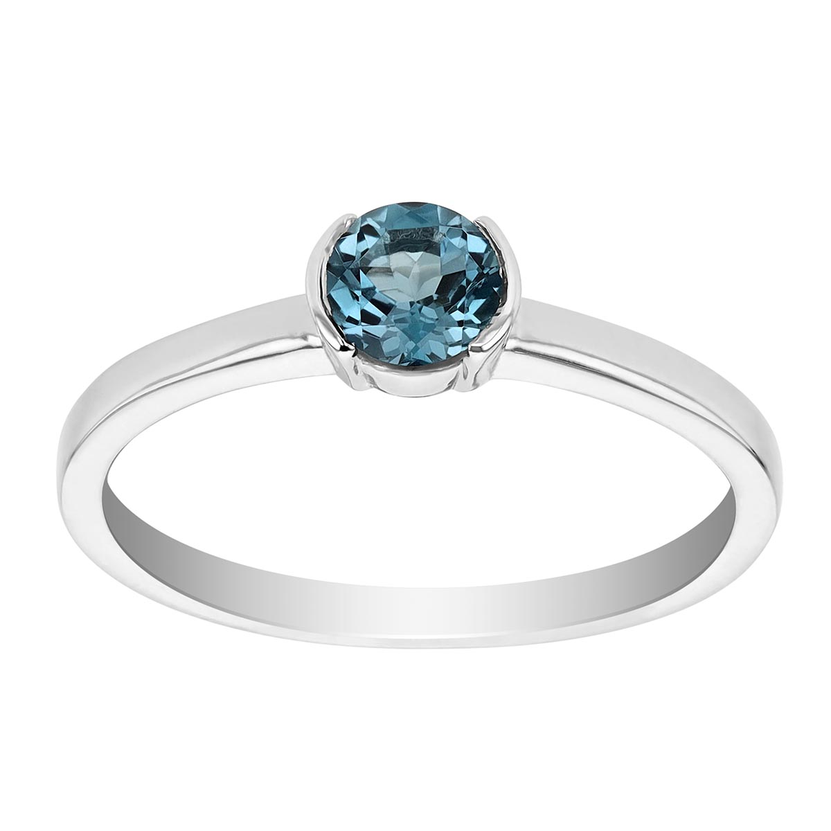Round Blue Topaz & White Gold Demi Bezel Solitaire Ring in White Gold