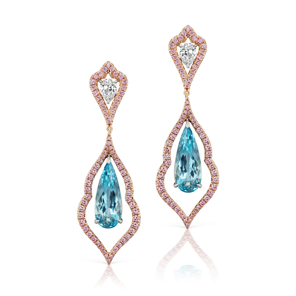 L.J. West Aquamarine, Fancy Pink Argyle & White Diamond Drop Earrings in Platinum & Rose Gold