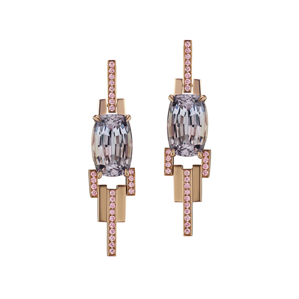 L.J. West Tanzanite & Argyle Fancy Pink Diamond Brick Pattern Drop Earrings in Rose Gold