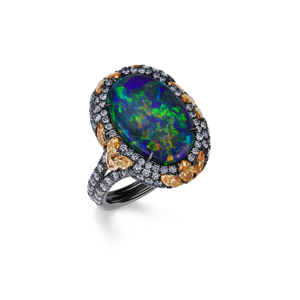 L.J. West Black Australian Opal, Fancy Orange & Argyle Blue Diamond Pavé Ring in Platinum