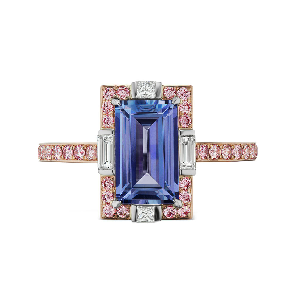 L.J. West Tanzanite, Argyle Pink & White Diamond Halo Ring in Platinum & Rose Gold