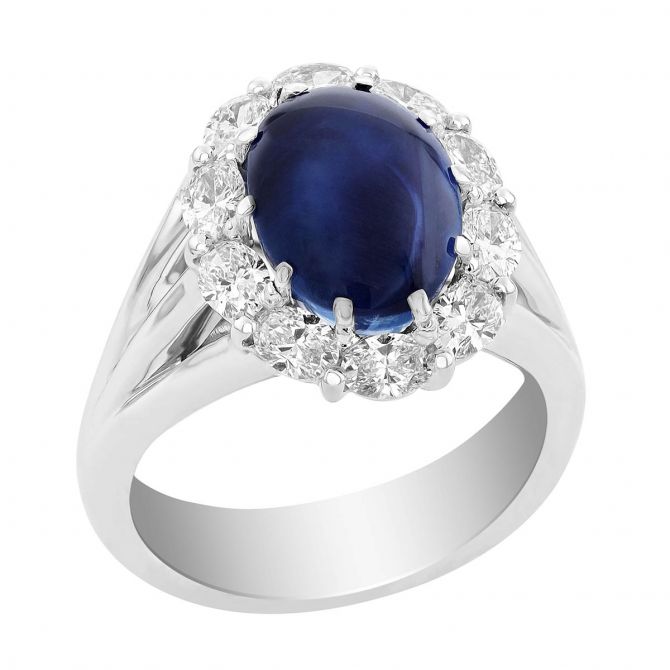 J.B. Star Oval Cabochon Sapphire & Diamond Halo Ring in Platinum