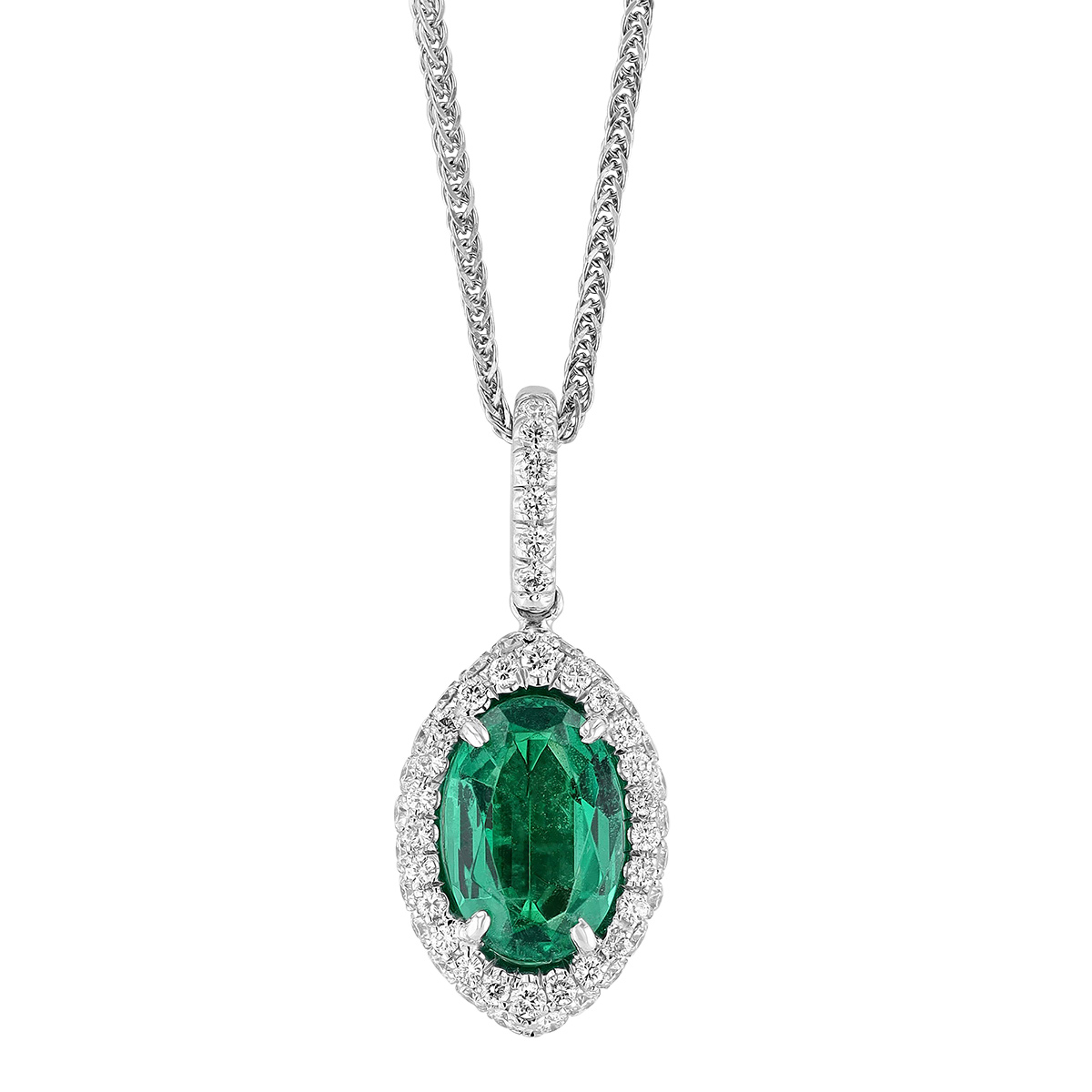 J.B. Star Oval Emerald & Diamond Pointed Halo Pendant in Platinum, 18