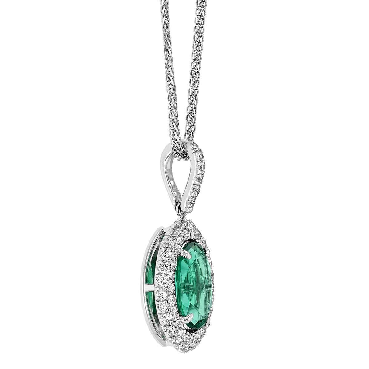 J.B. Star Oval Emerald & Diamond Pointed Halo Pendant in Platinum, 18