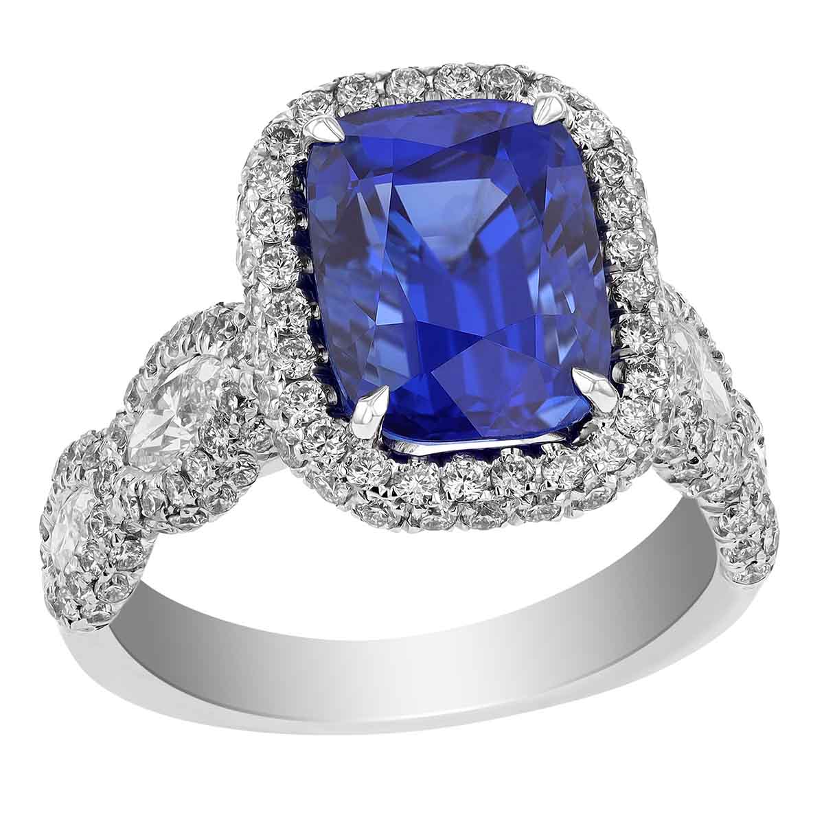 J.B. Star Cushion Sapphire Ring with Diamond Halo & Side Stones in Platinum