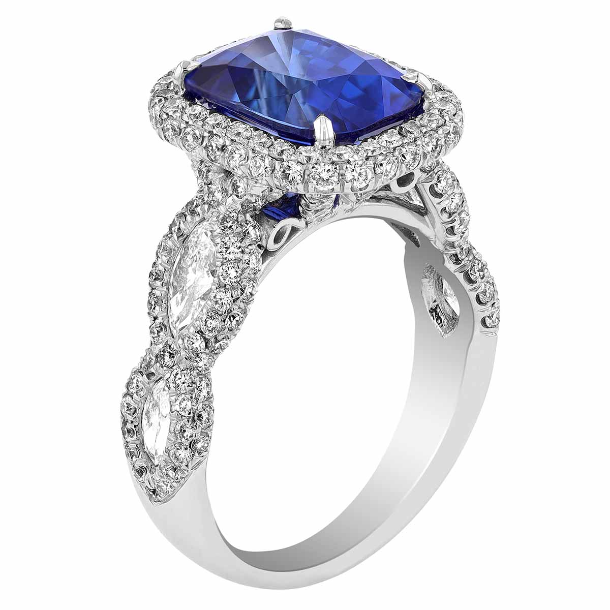 J.B. Star Cushion Sapphire Ring with Diamond Halo & Side Stones in Platinum