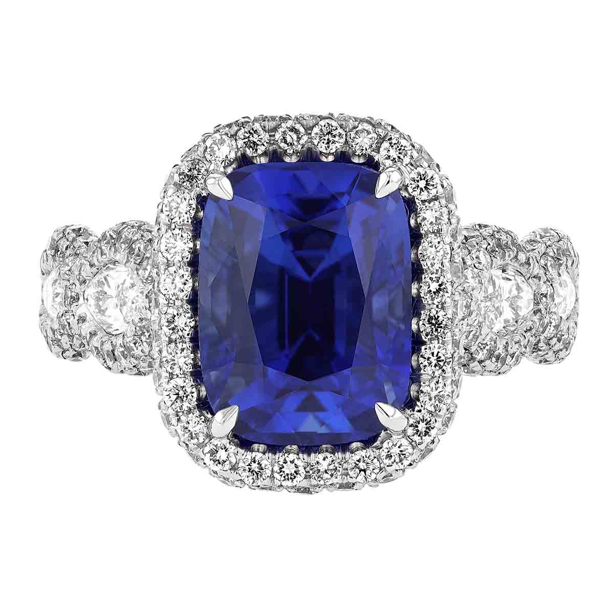 J.B. Star Cushion Sapphire Ring with Diamond Halo & Side Stones in Platinum