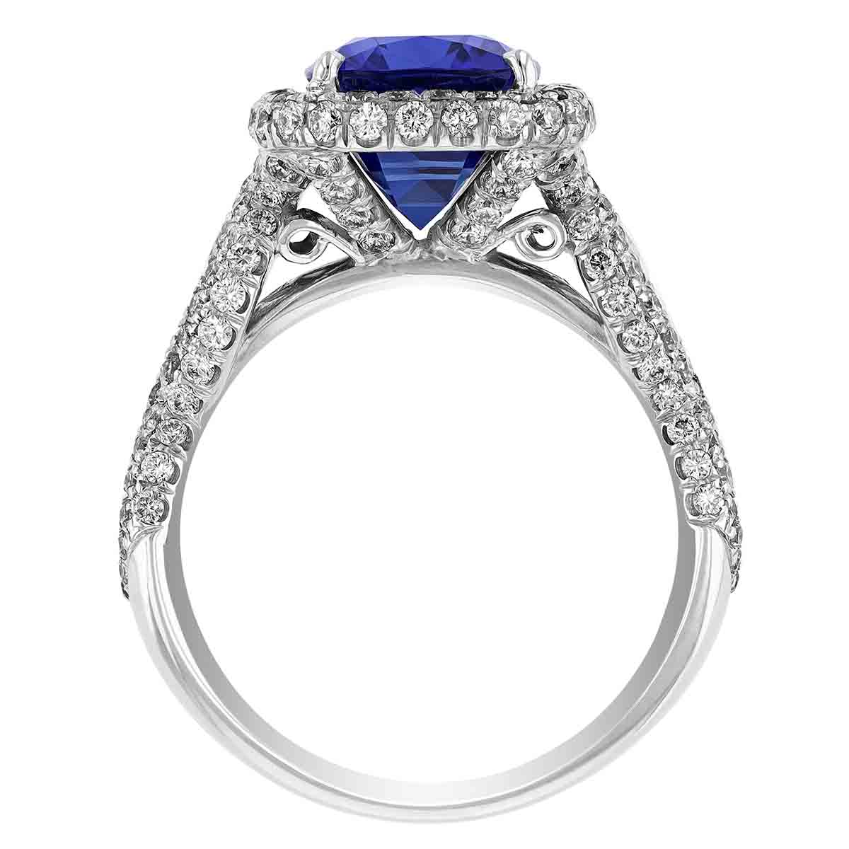 J.B. Star Cushion Sapphire Ring with Diamond Halo & Side Stones in Platinum