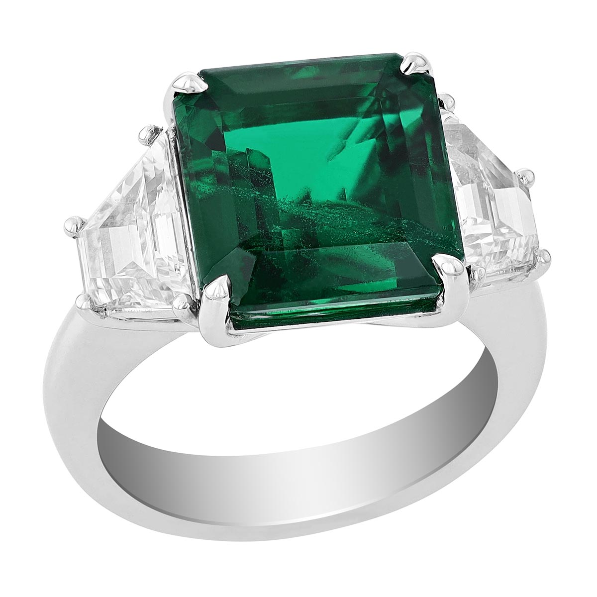 J.B. Star Asscher Cut Emerald & Trapezoid Diamond 3 Stone Ring in Platinum