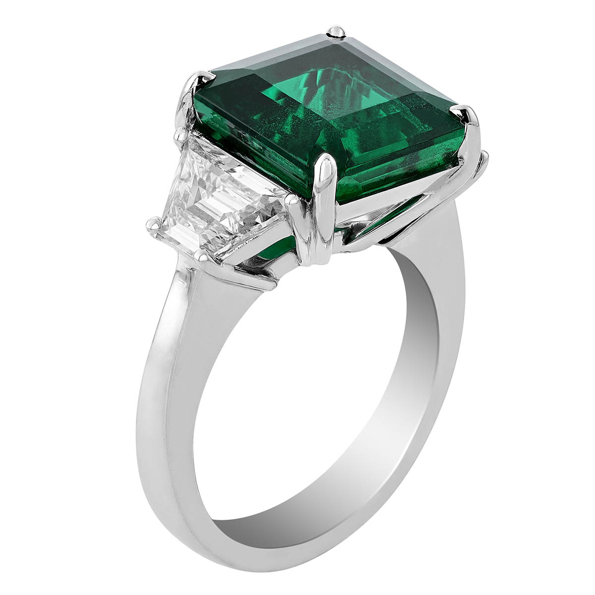 J.B. Star Asscher Cut Emerald & Trapezoid Diamond 3 Stone Ring in Platinum