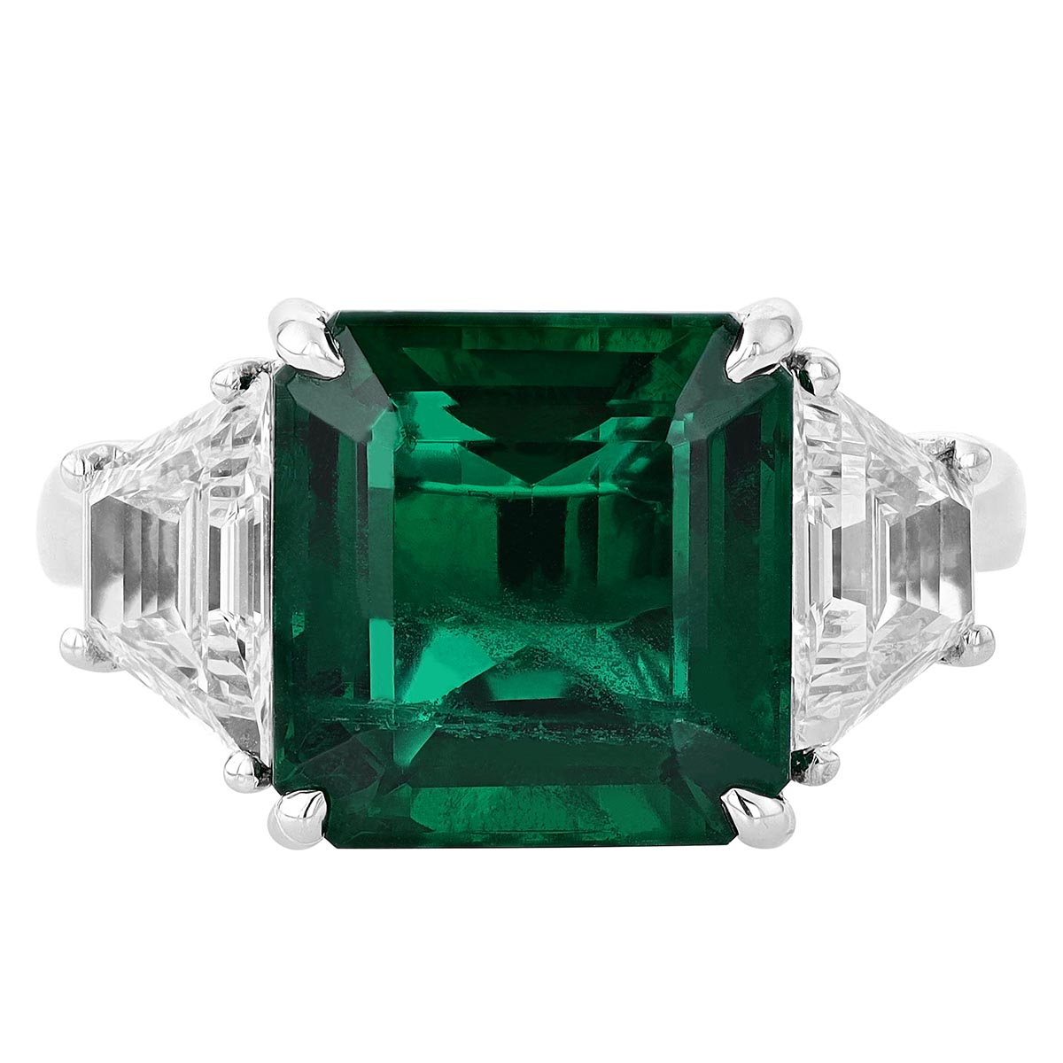 J.B. Star Asscher Cut Emerald & Trapezoid Diamond 3 Stone Ring in Platinum
