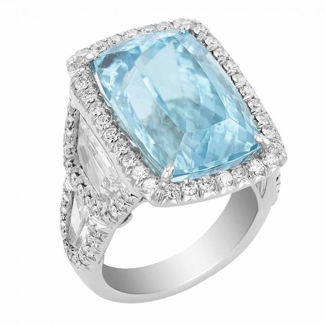 J.B. Star Paraiba Tourmaline Ring with Diamond Halo & Side Stones in Platinum