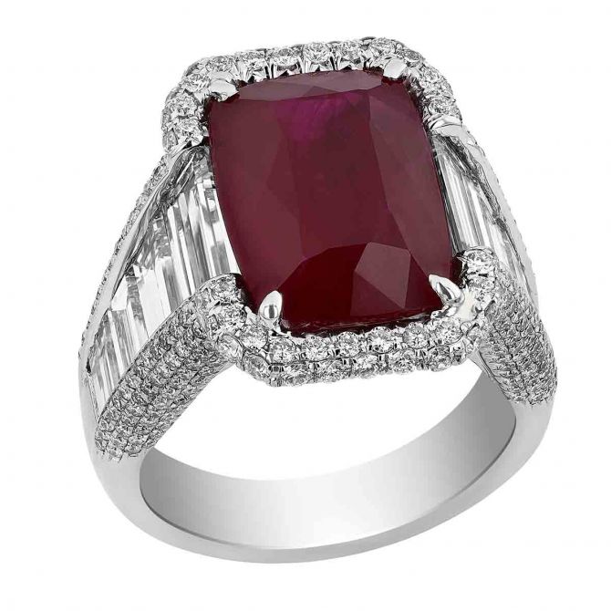 J.B. Star Mozambique Ruby Ring with Diamond Halo & Trapezoid Side Stone in Platinum