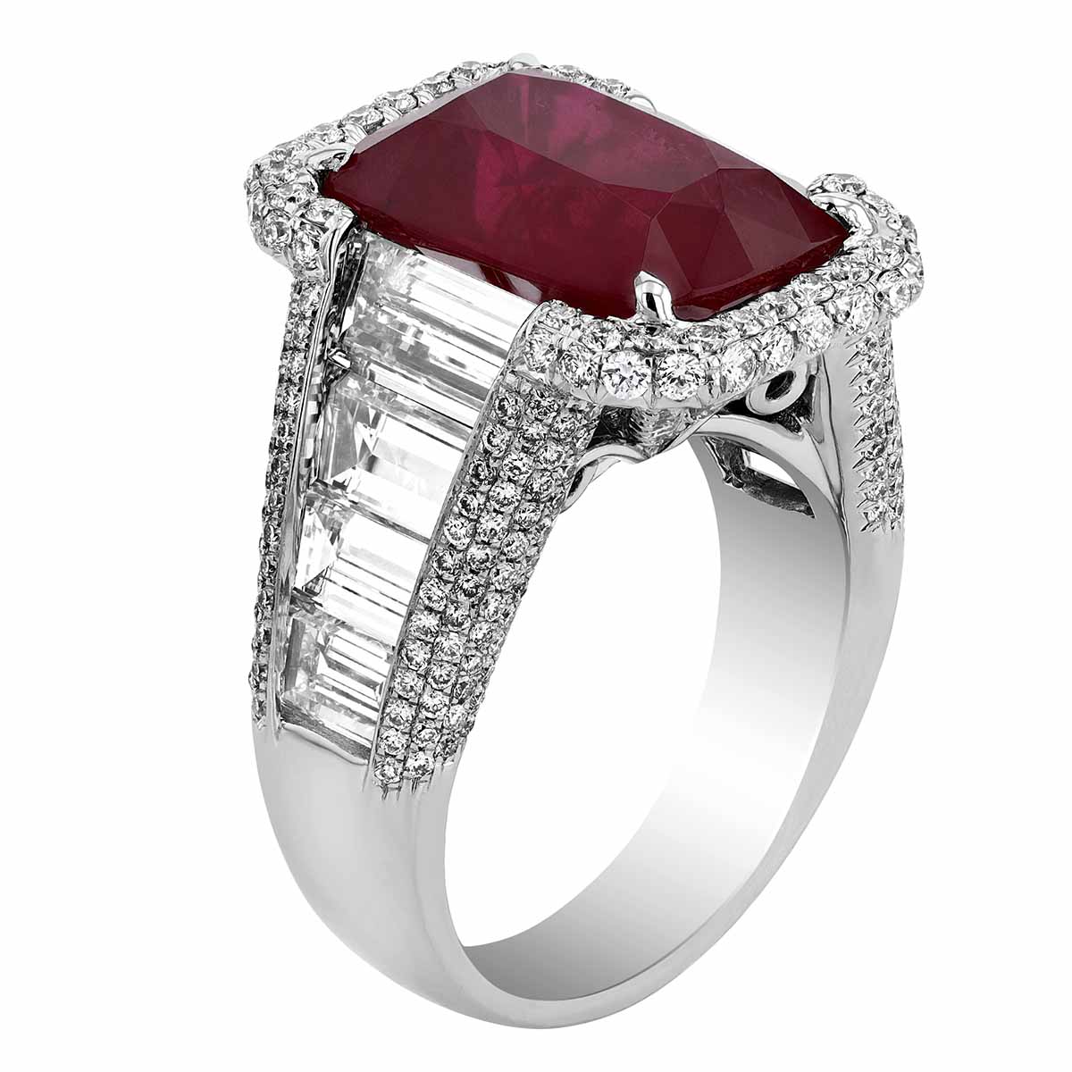 J.B. Star Mozambique Ruby Ring with Diamond Halo & Trapezoid Side Stone in Platinum