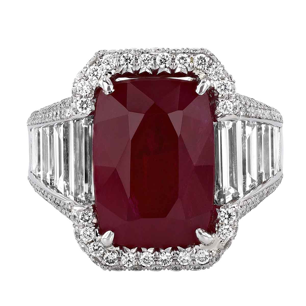 J.B. Star Mozambique Ruby Ring with Diamond Halo & Trapezoid Side Stone in Platinum