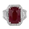 J.B. Star Mozambique Ruby Ring with Diamond Halo & Trapezoid Side Stone in Platinum