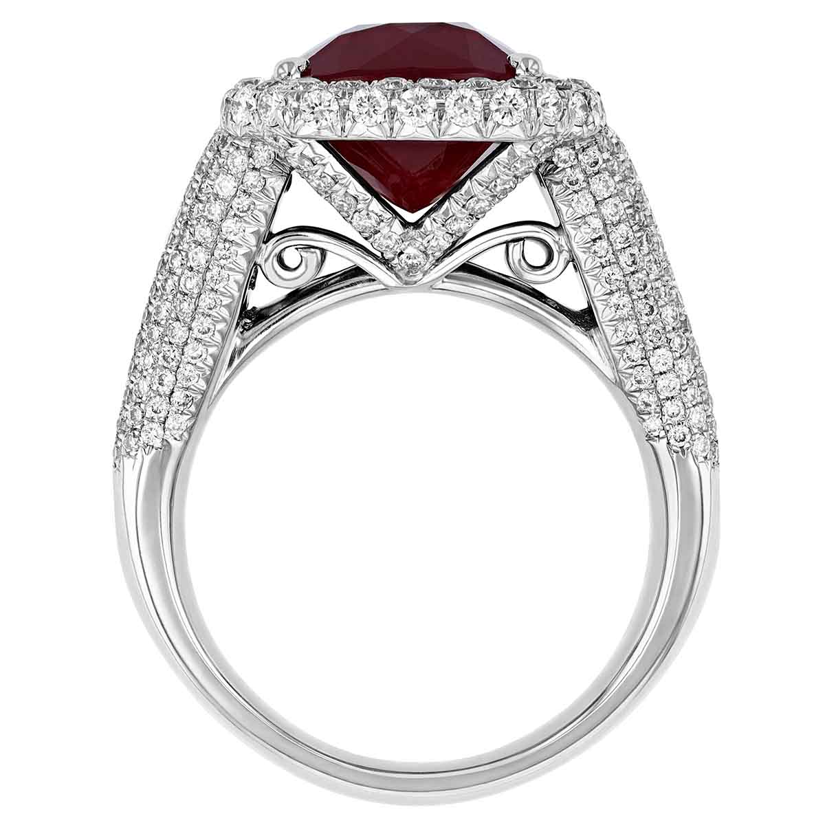 J.B. Star Mozambique Ruby Ring with Diamond Halo & Trapezoid Side Stone in Platinum
