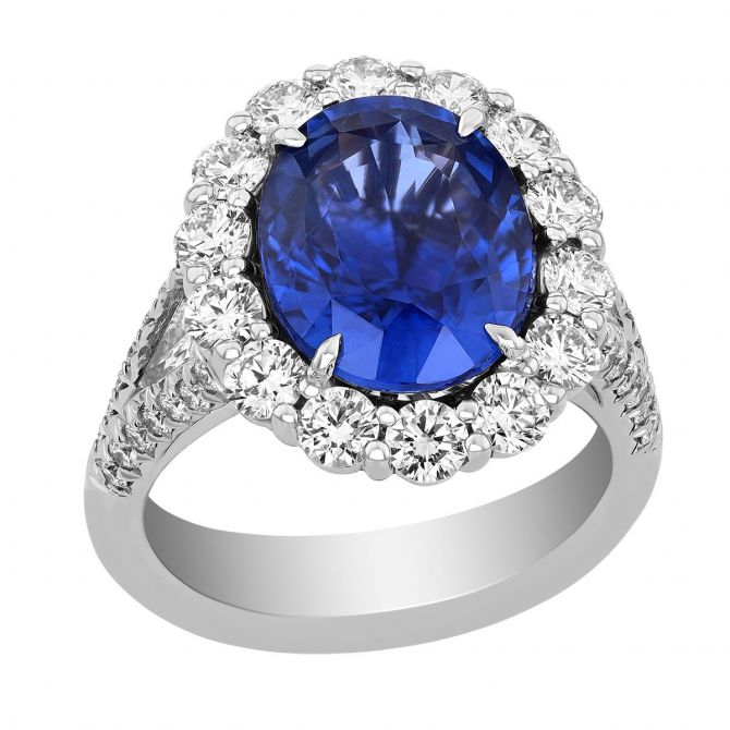 J.B. Star Oval Burma Sapphire & Diamond Halo Ring in Platinum