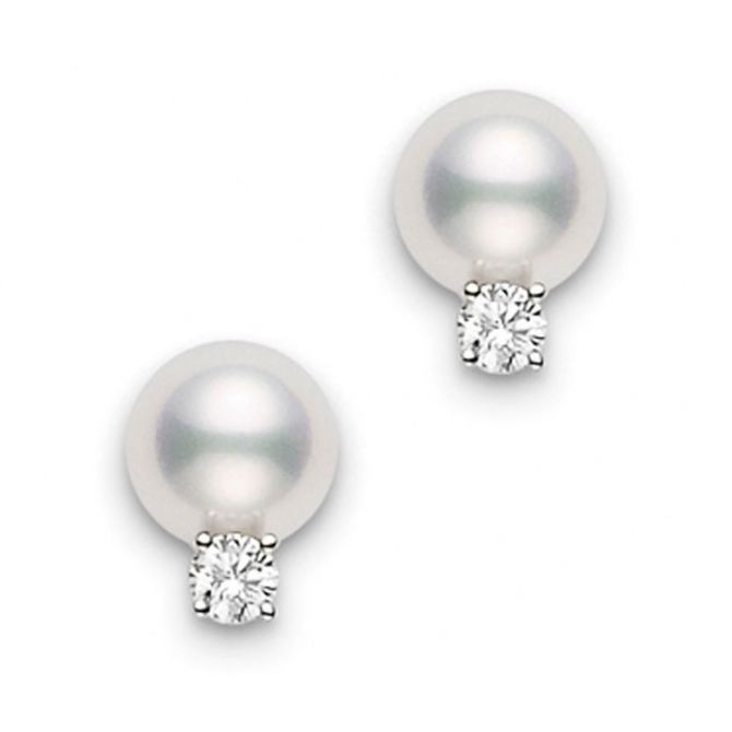 Mikimoto Akoya Cultured Pearl & Diamond Stud Earrings in White Gold, 6 x 6.5 mm