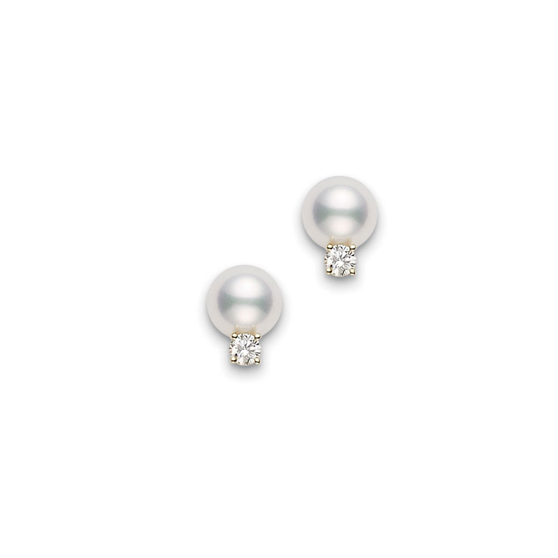 Mikimoto Akoya Cultured Pearl & Diamond Stud Earrings in Yellow Gold, 7 x 7.5 mm