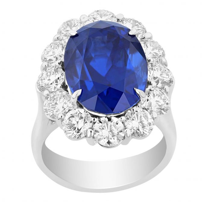 J.B. Star Sri Lankan Oval Sapphire & Diamond Halo Ring in Platinum