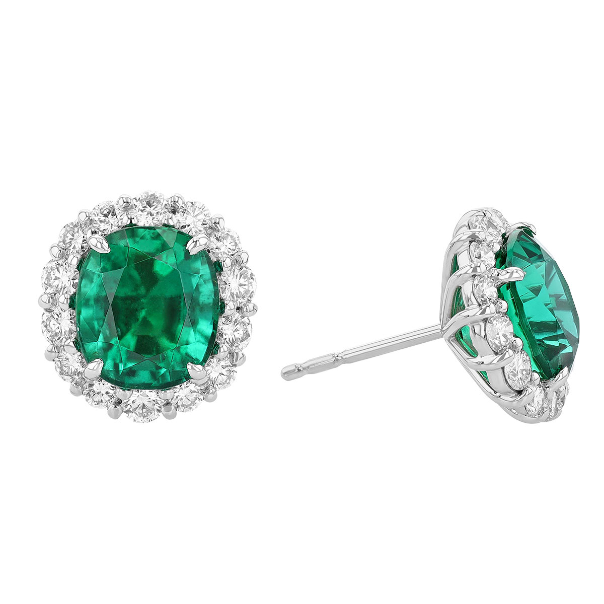 J.B. Star Cushion Emerald & Diamond Halo Stud Earrings in Platinum