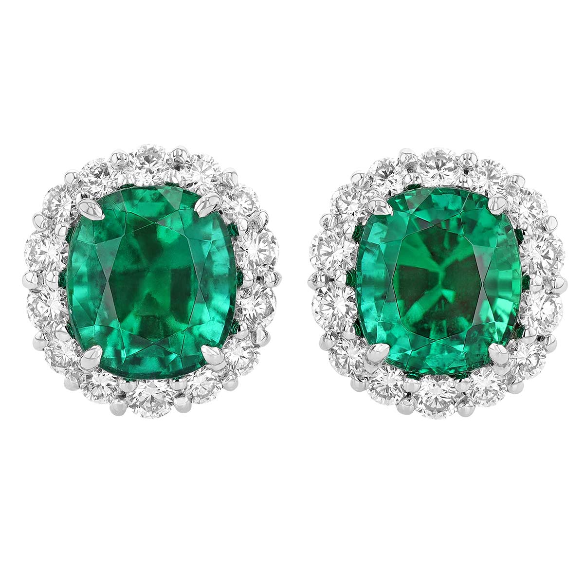 J.B. Star Cushion Emerald & Diamond Halo Stud Earrings in Platinum