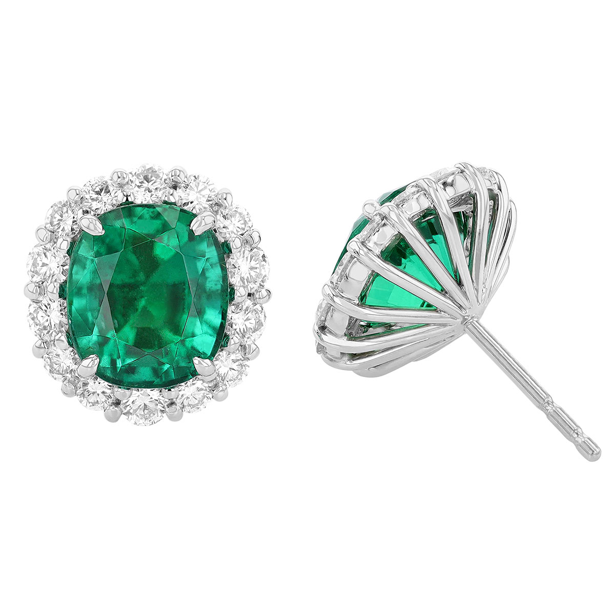 J.B. Star Cushion Emerald & Diamond Halo Stud Earrings in Platinum