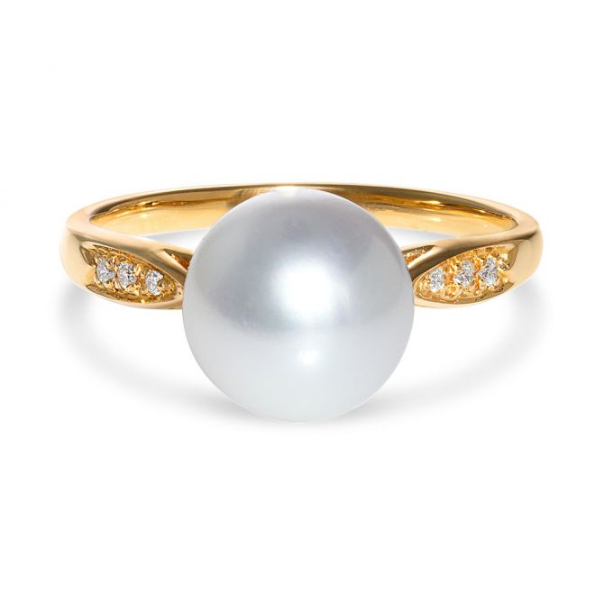 TARA Pearls White Cultured Pearl & Diamond Ring in Yellow Gold, Size 7