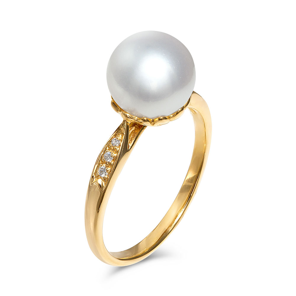 TARA Pearls White Cultured Pearl & Diamond Ring in Yellow Gold, Size 7