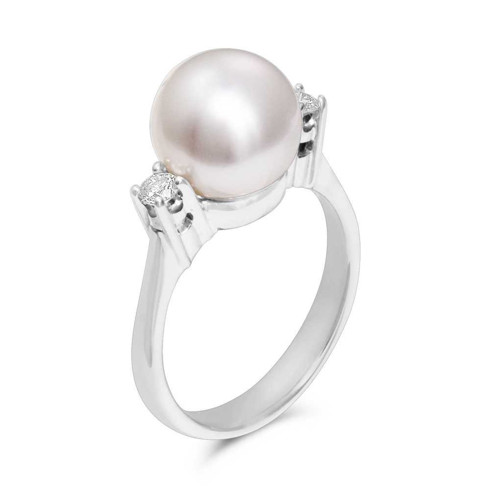 TARA Pearls White Cultured Pearl & Diamond 3 Stone Ring in White Gold