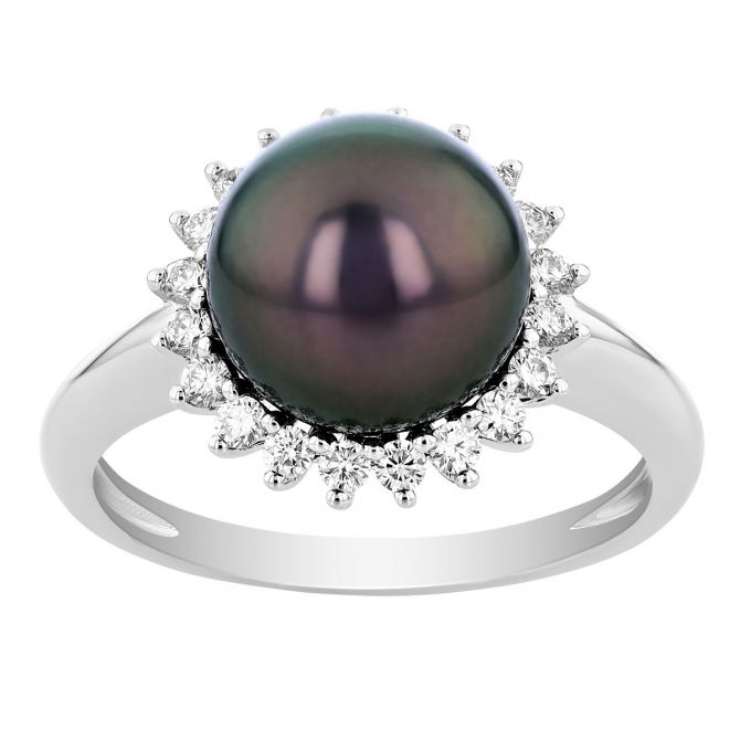 TARA Pearls Tahitian South Sea Cultured Pearl & Diamond Spike Halo Ring in White Gold