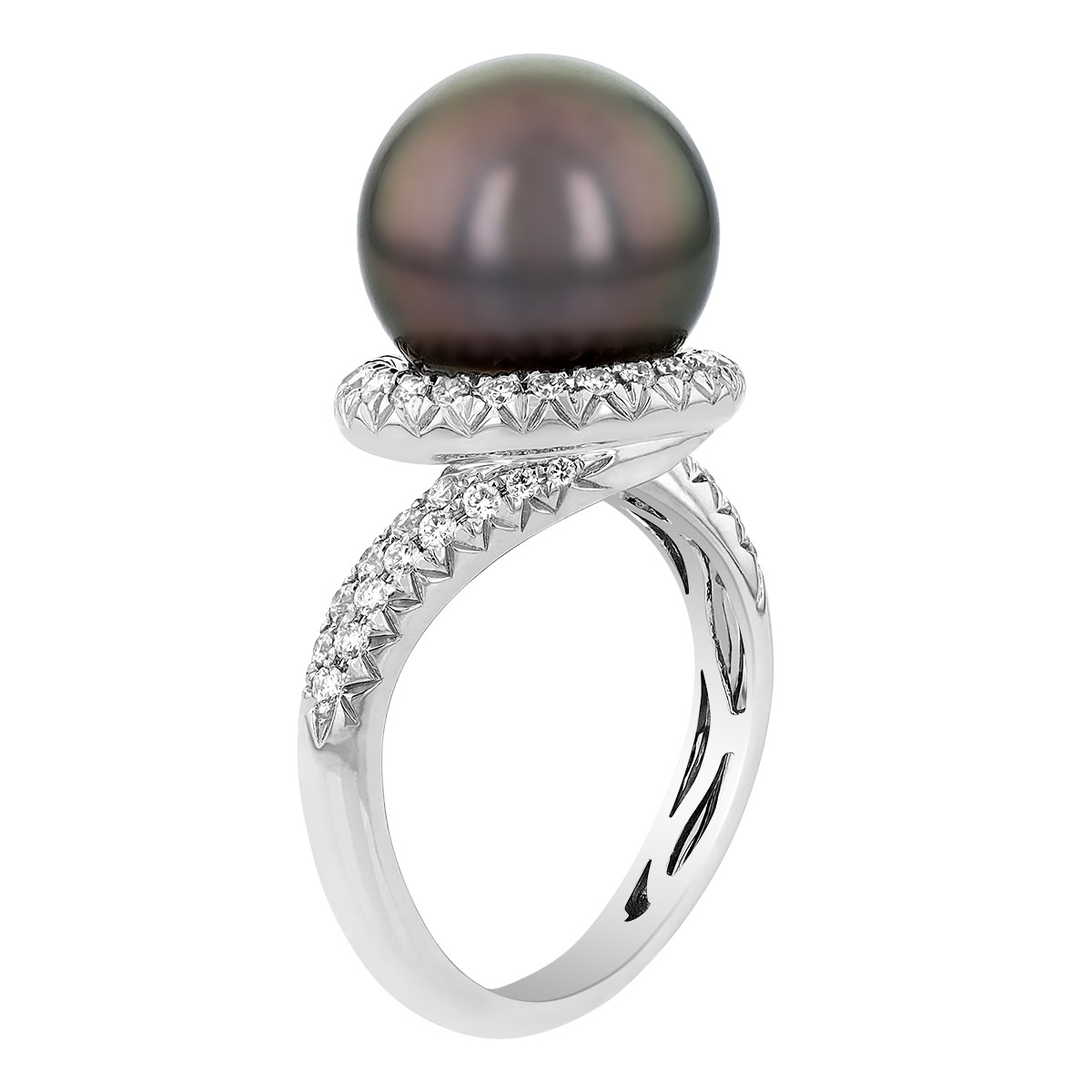 TARA Pearls Tahitian Cultured Pearl & Diamond Swirl Halo Ring in White Gold