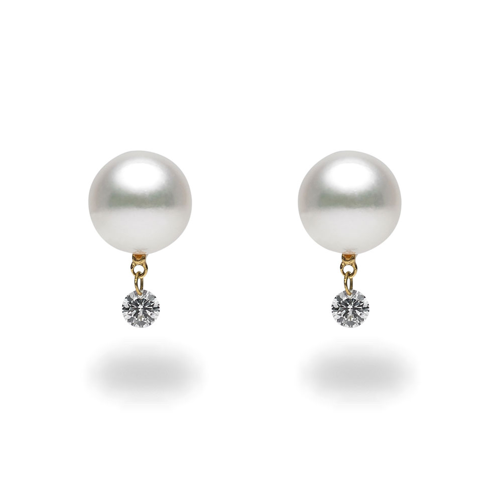 TARA Pearls White Cultured Pearl 8x8.5 mm Dancing Diamond Stud Earrings in Yellow Gold