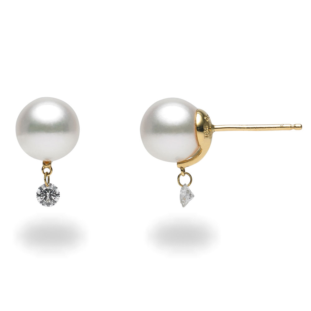 TARA Pearls White Cultured Pearl 8x8.5 mm Dancing Diamond Stud Earrings in Yellow Gold